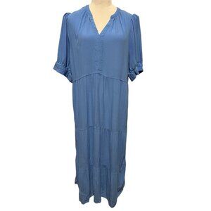 M & S Collection Women's V-Neck Midi Tiered Dress with Puff Sleeves Size 18